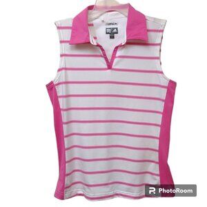 Adidas Women Sleeveless ClimaCool Pink Stripe 1 Button Collar Golf Stretch Tank